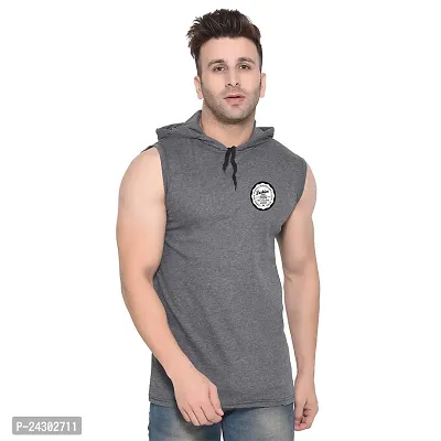 Stylish Grey Cotton Blend Solid Sleeveless Hoodies For Men-thumb0