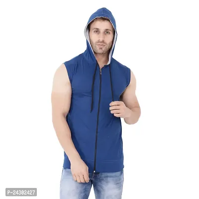 Stylish Blue Cotton Blend Solid Sleeveless Hoodies For Men-thumb0