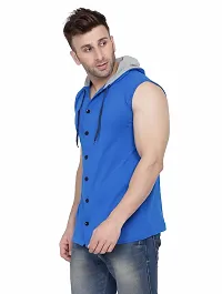 Stylish Blue Cotton Blend Solid Sleeveless Hoodies For Men-thumb2