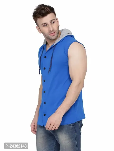 Stylish Blue Cotton Blend Solid Sleeveless Hoodies For Men-thumb3