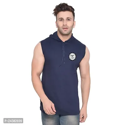 Stylish Navy Blue Cotton Blend Solid Sleeveless Hoodies For Men