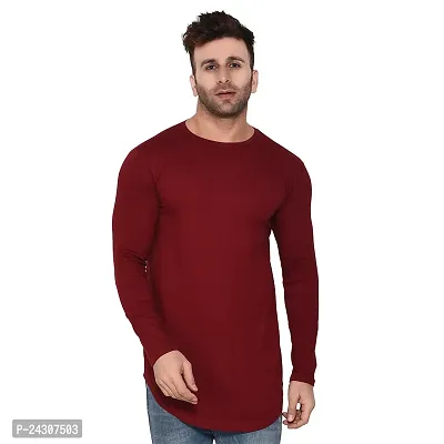 Stylish Maroon Cotton Blend Long Sleeves Solid T-Shirt For Men