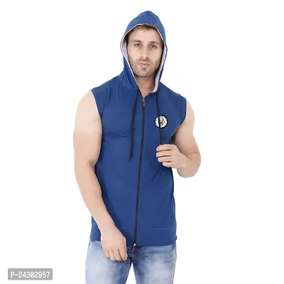 Stylish Blue Cotton Blend Solid Sleeveless Hoodies For Men