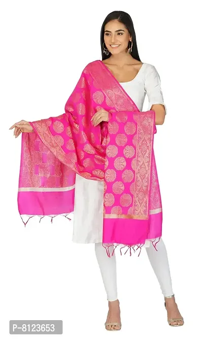 SNEHPRABHA Women's Banarasi Silk Woven Printed Zari EmbroideryTraditional Ethnic Heavy Embroidered Designer Dupatta For Women (PINK)-thumb2