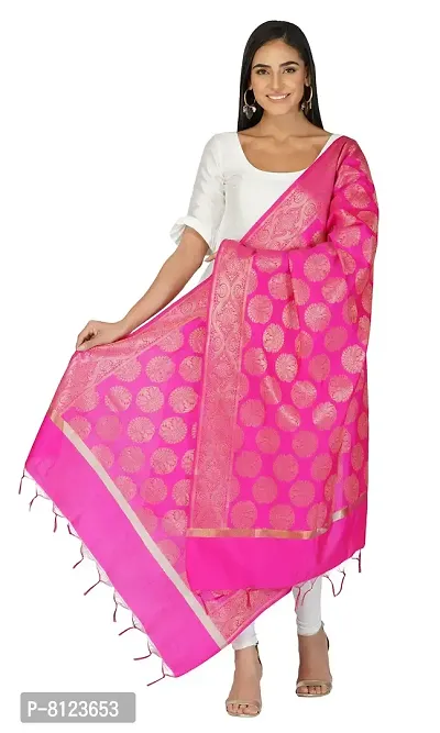 SNEHPRABHA Women's Banarasi Silk Woven Printed Zari EmbroideryTraditional Ethnic Heavy Embroidered Designer Dupatta For Women (PINK)-thumb0