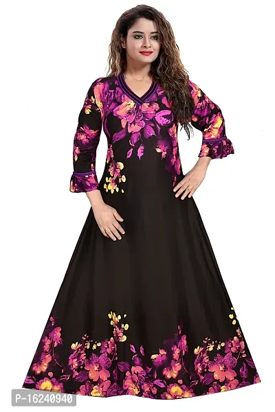 Elegant Black Satin Printed Nighty For Women