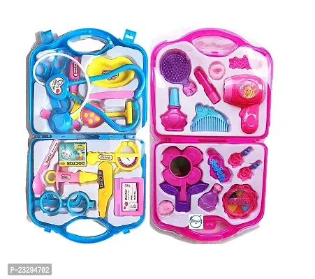 Combo of Carry Along Toy for Kids Girl Kids Sky Blue Doctor Set +Pink Beauty Set