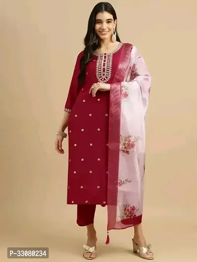 Beautiful Cotton Slub Red Embroidered Kurta Pant And Dupatta Set For Women-thumb0