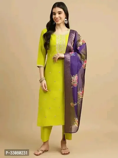 Beautiful Cotton Slub Yellow Embroidered Kurta Pant And Dupatta Set For Women-thumb0