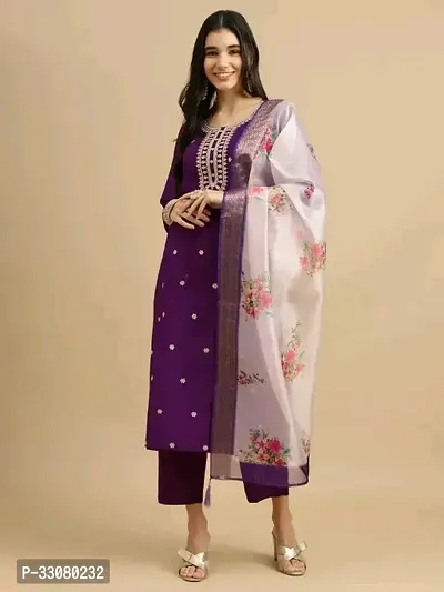 Beautiful Cotton Slub Purple Embroidered Kurta Pant And Dupatta Set For Women-thumb0