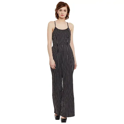 Stylish Black Polyester Striped Jumpsuit For Women