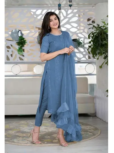 Stylish Festive Wear Kurti And Pant With Net Beautiful Duppata