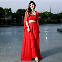 Elegant Red Solid Georgette Top with Flared Palazzo And Shrug Set For Women-thumb3