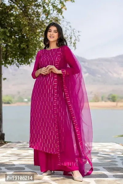 Elegant Pink Embellished Georgette Kurta with Palazzo And Dupatta Set For Women