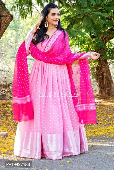 Baby Pink Soft Silk Gown With Silver Zari Paired With Pure Banarasi Khaddi Georgette Dupatta-thumb3