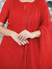 Stylish Fancy Cotton Red A-Line Kurta With Bottom Wear And Dupatta Set For Women-thumb1