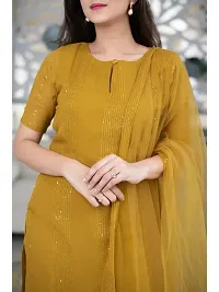 Stylish Fancy Cotton Yellow A-Line Kurta With Bottom Wear And Dupatta Set For Women-thumb1