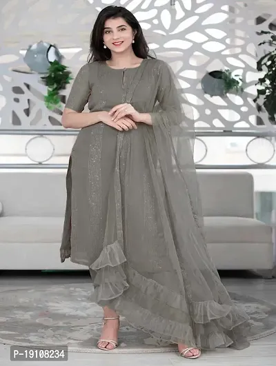 Elegant Grey Sequined Cotton Kurta with Pant And Dupatta Set For Women-thumb0