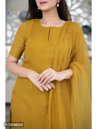 Elegant Mustard Sequined Cotton Kurta with Pant And Dupatta Set For Women-thumb3
