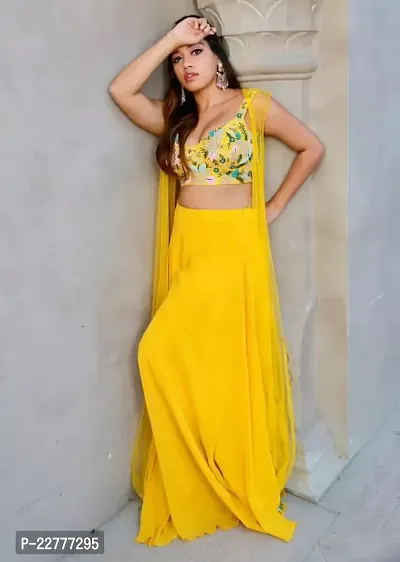 Pineapple Yellow Palazzo Suit With Embellished Crop Kurti And Jacket