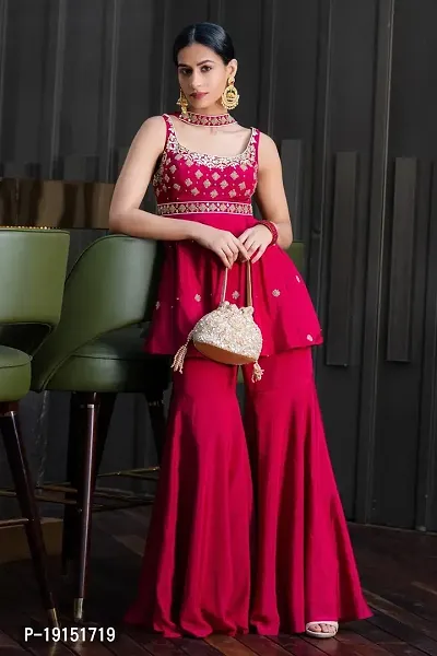Elegant Embroidered Chiffon Kurta with Sharara And Dupatta Set For Women