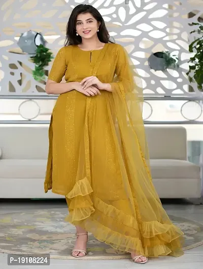 Elegant Mustard Sequined Cotton Kurta with Pant And Dupatta Set For Women-thumb0