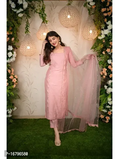 Beautiful Pink Solid Taffeta Silk Kurta, Bottom and Dupatta Set For Women-thumb3