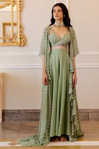 Stylish Green Printed Georgette Gown With Jacket For Women-thumb1