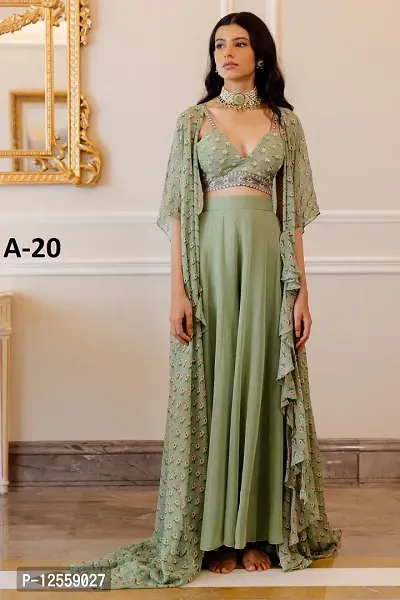 Stylish Green Printed Georgette Gown With Jacket For Women