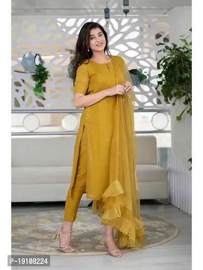 Elegant Mustard Sequined Cotton Kurta with Pant And Dupatta Set For Women-thumb2