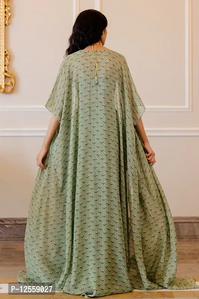 Stylish Green Printed Georgette Gown With Jacket For Women-thumb3