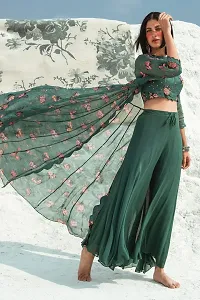 Elegant Green Floral Print Georgette Top with Palazzo And Shrug Set For Women-thumb1