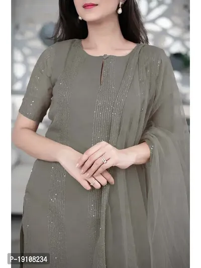 Elegant Grey Sequined Cotton Kurta with Pant And Dupatta Set For Women-thumb2