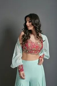 Elegant Embroidered Georgette Top with Bottom And Shrug Set For Women-thumb1