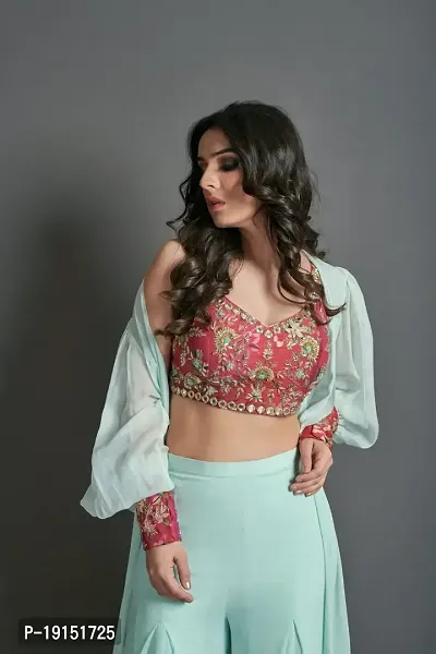 Elegant Embroidered Georgette Top with Bottom And Shrug Set For Women-thumb2