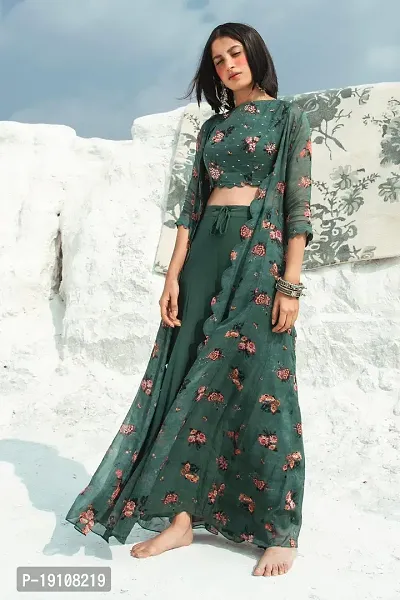 Elegant Green Floral Print Georgette Top with Palazzo And Shrug Set For Women-thumb0