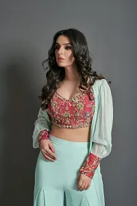 Beautiful Blue Woven Design Georgette Crop Top Palazzo With Shurug For Women-thumb1