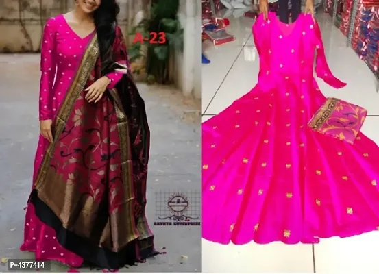 Designer Multicolored Taffeta Silk Readymade Gown With Dupatta