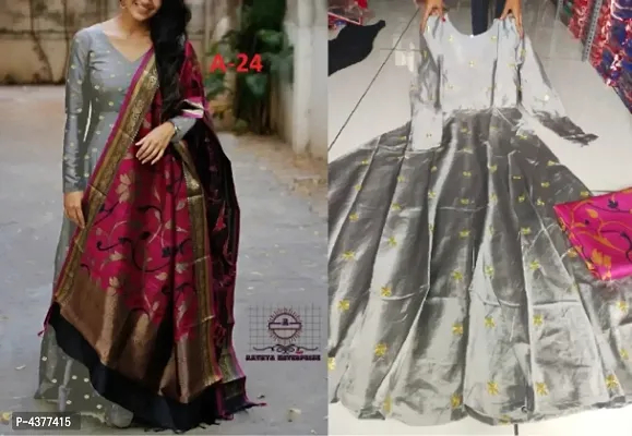 Designer Taffeta Silk Readymade Gown With Dupatta Set-thumb0