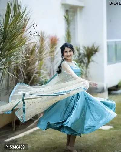 Fabulous Turquoise Taffeta Silk Solid Stitched Ethnic Gown with Net Embroidered Dupatta For Women
