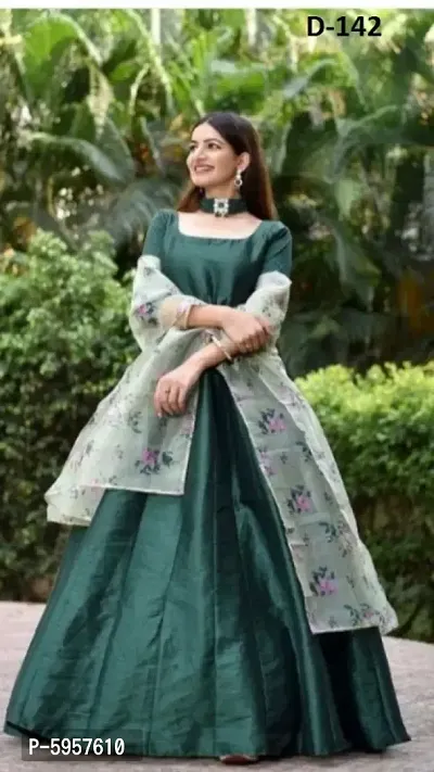 Stylish Taffeta Silk Solid Half Sleeves Gown With Dupatta Set For Women