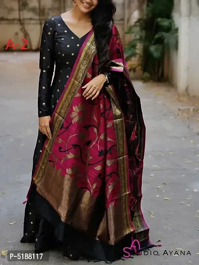 Black Taffeta Silk Self Pattern Kurtas For Women