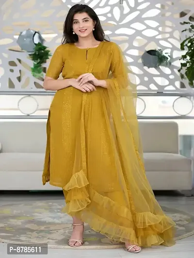 Stylish Yellow Rayon Patchwork Kurta with Pant And Dupatta Set For Women