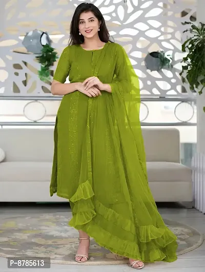 Stylish Green Rayon Patchwork Kurta with Pant And Dupatta Set For Women