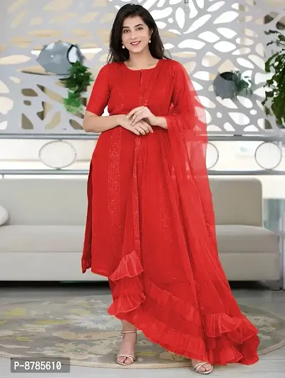Stylish Red Rayon Patchwork Kurta with Pant And Dupatta Set For Women