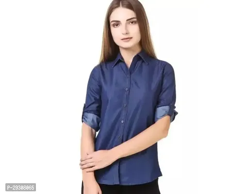 Stylish Navy Blue Denim Solid Shirt For Women-thumb0