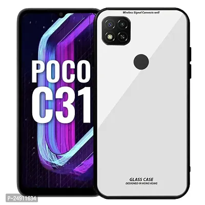 Imperium Toughened Glossy Hybrid Back Case for Poco C31 (Tempered Glass Back Panel + TPU Frame) Compatible for Poco C31 - White