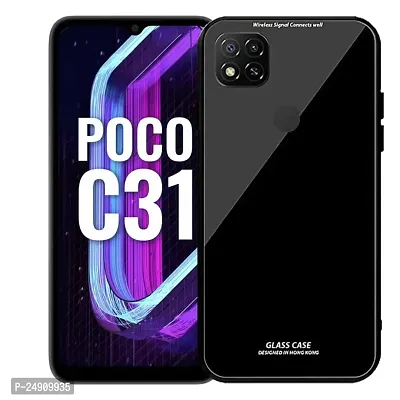 Imperium Toughened Glossy Hybrid Back Case for Poco C31 (Tempered Glass Back Panel + TPU Frame) Compatible for Poco C31 - Black