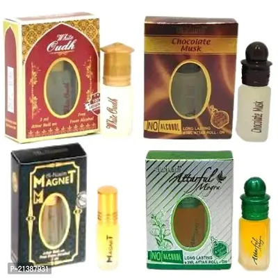 Al-Nuaim White Oud-Chocolate Musk-Magnt-Attar Full Mogra- 3ML Pack Of 4 Floral Attar