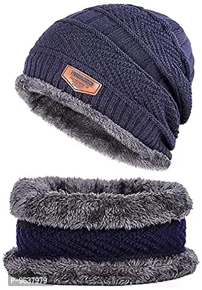 Men Cap with Neck Scarf | Latest Stylish Winter Woolen Beanie Cap Scarf Set with Fur Inside for Men  Women Cap-thumb0